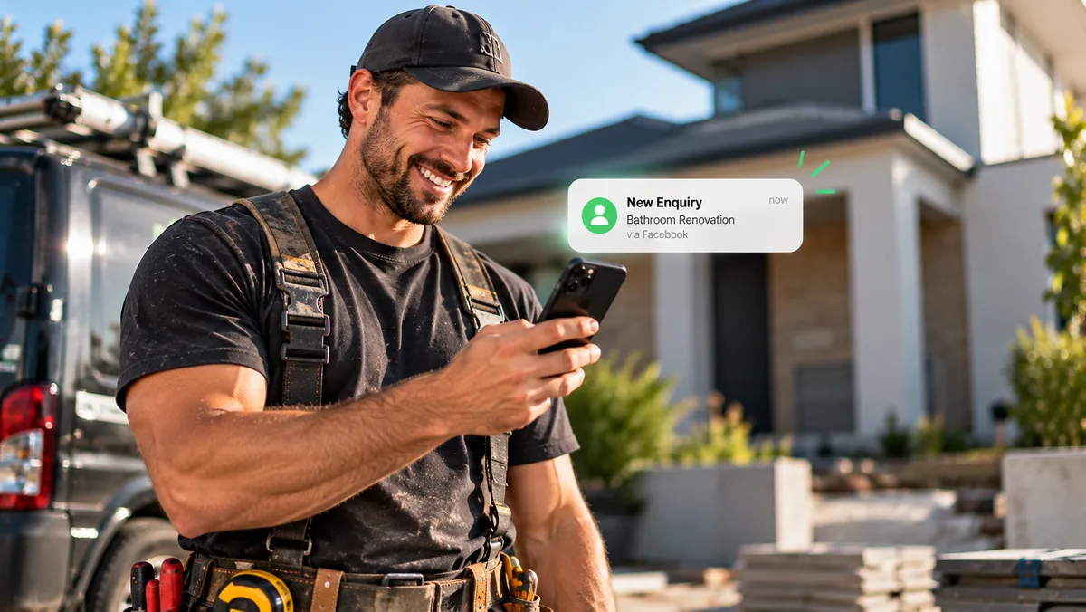 A smiling tradie outside a new home receiving a new bathroom renovation enquiry on his phone