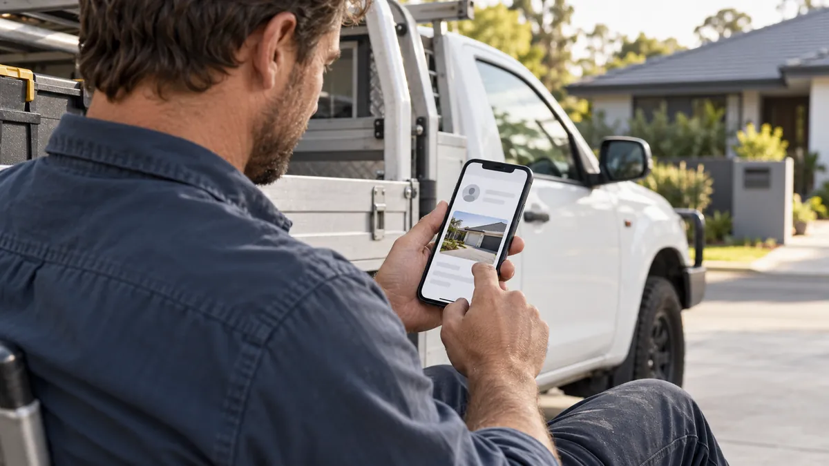 A tradie beside his ute checking a new homeowner enquiry on his phone